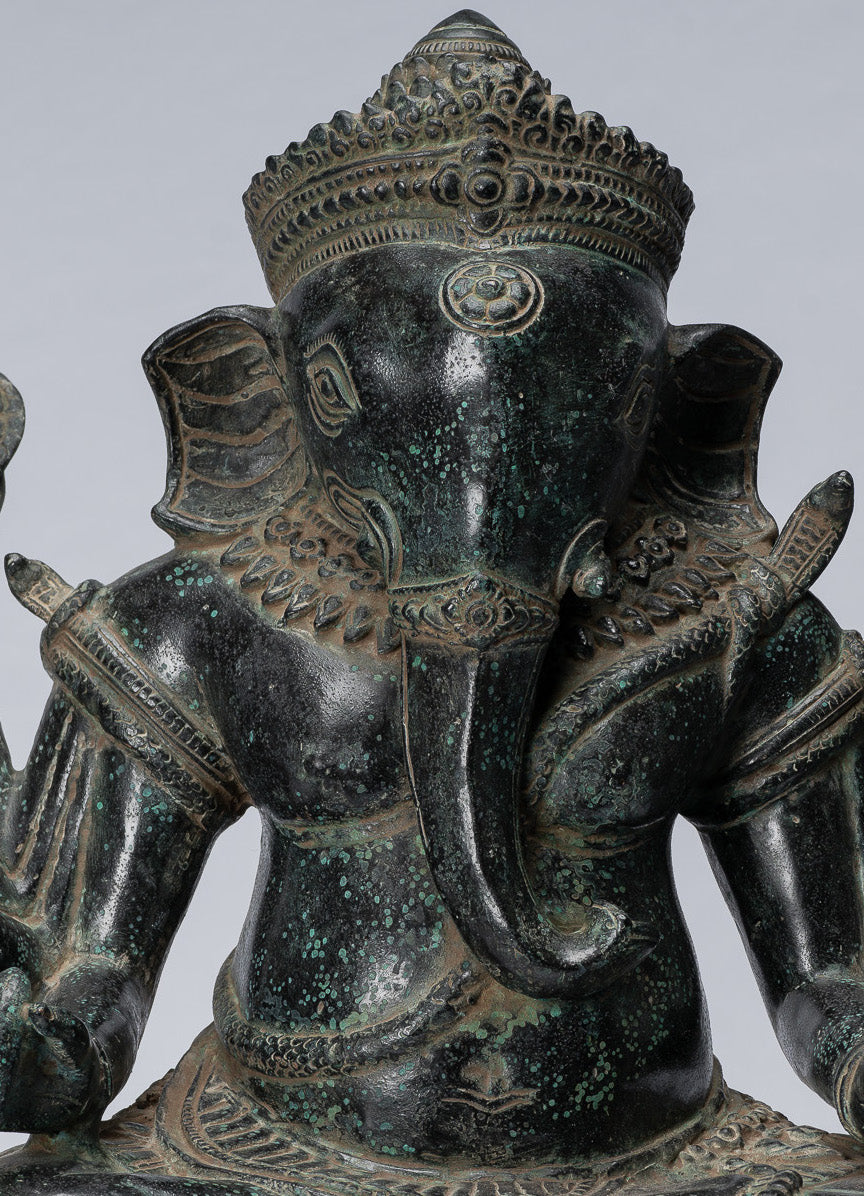 Statue Ganesha - Bronzo di bayon in stile khmer antico seduto a otto braccio ganesh statua - 38 cm/15 "