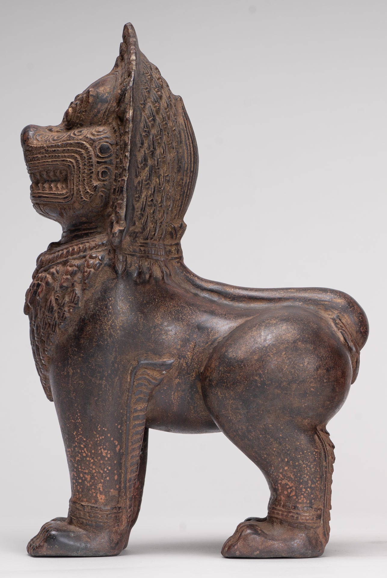 Temple Lions - Antique Khmer Style Bronze Standing Temple Guardian or Lions (Pair) - 27cm/11"