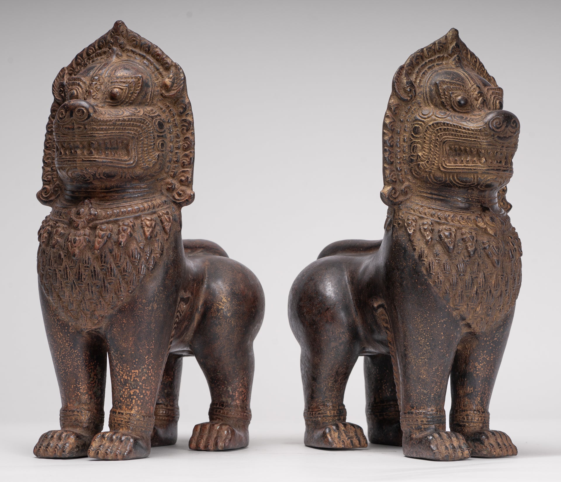 Temple Lions - Antique Khmer Style Bronze Standing Temple Guardian or Lions (Pair) - 27cm/11"