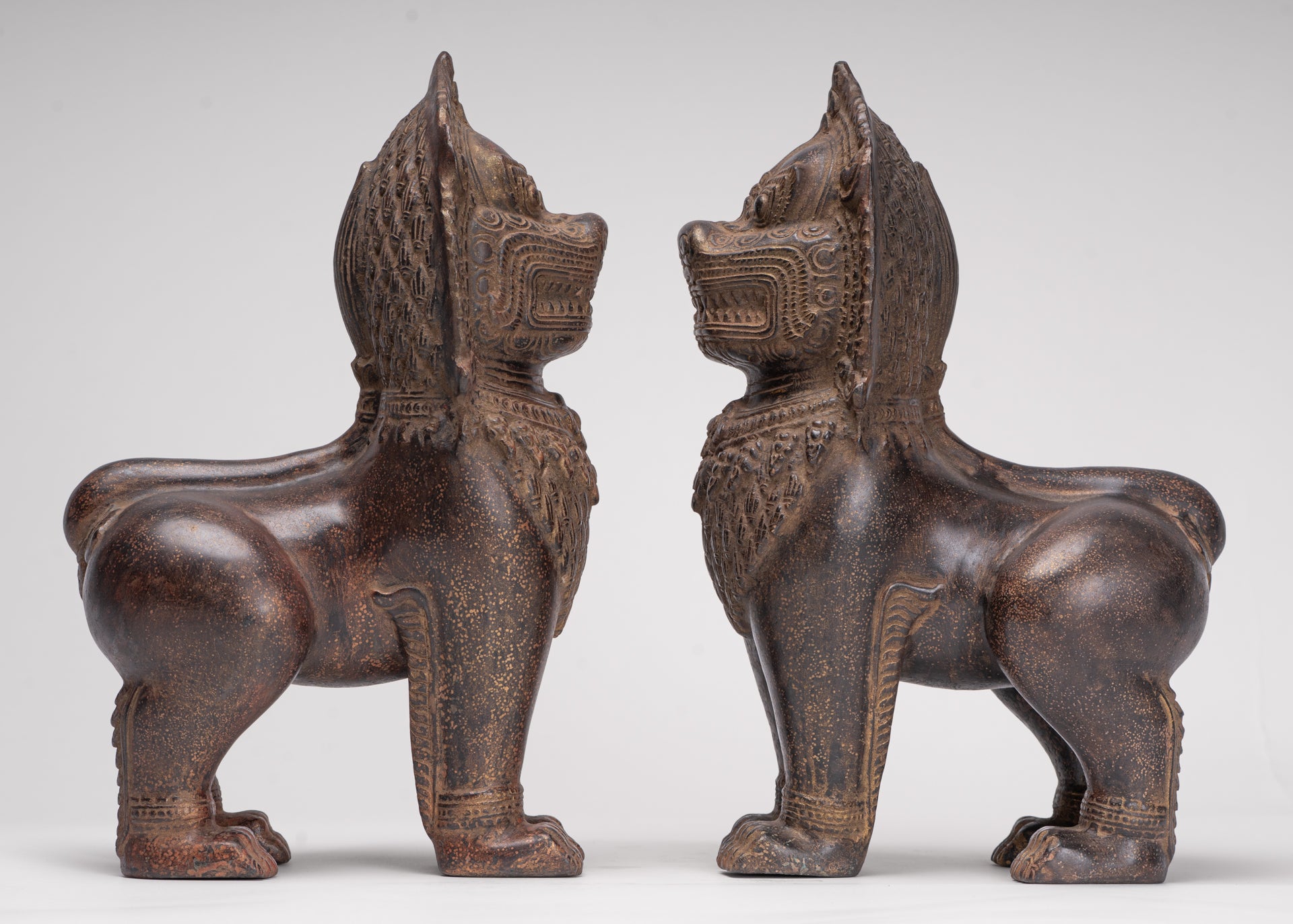 Temple Lions - Antique Khmer Style Bronze Standing Temple Guardian or Lions (Pair) - 27cm/11"