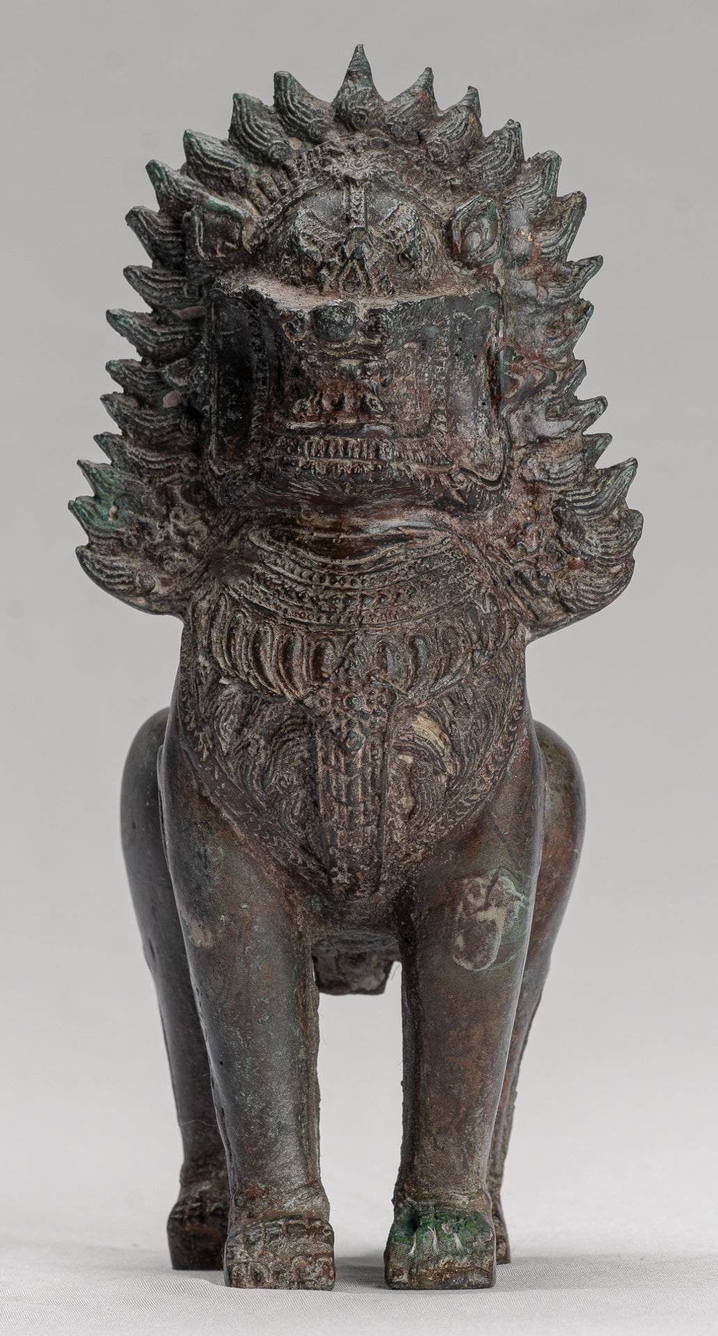 Temple Lion - Antique Thai Style Bronze Standing Singha Temple Guardian or Lion - 19cm/8"