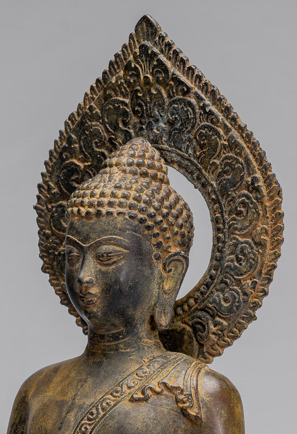 Statue de Bouddha - Statue de Bouddha Amitabha javanais en bronze de style indonésien antique - 32 cm/13"