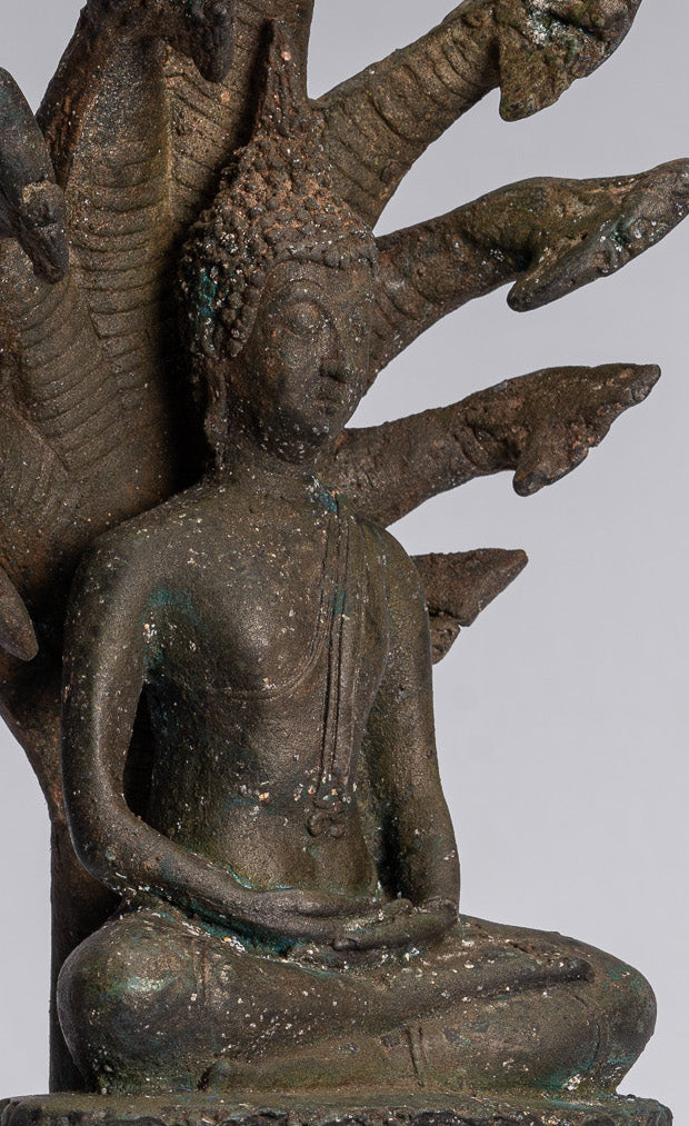 Statue Buddha - Bronzo antico sukhothai Bronzo meditante Naga Buddha Statua - 32 cm/13 "