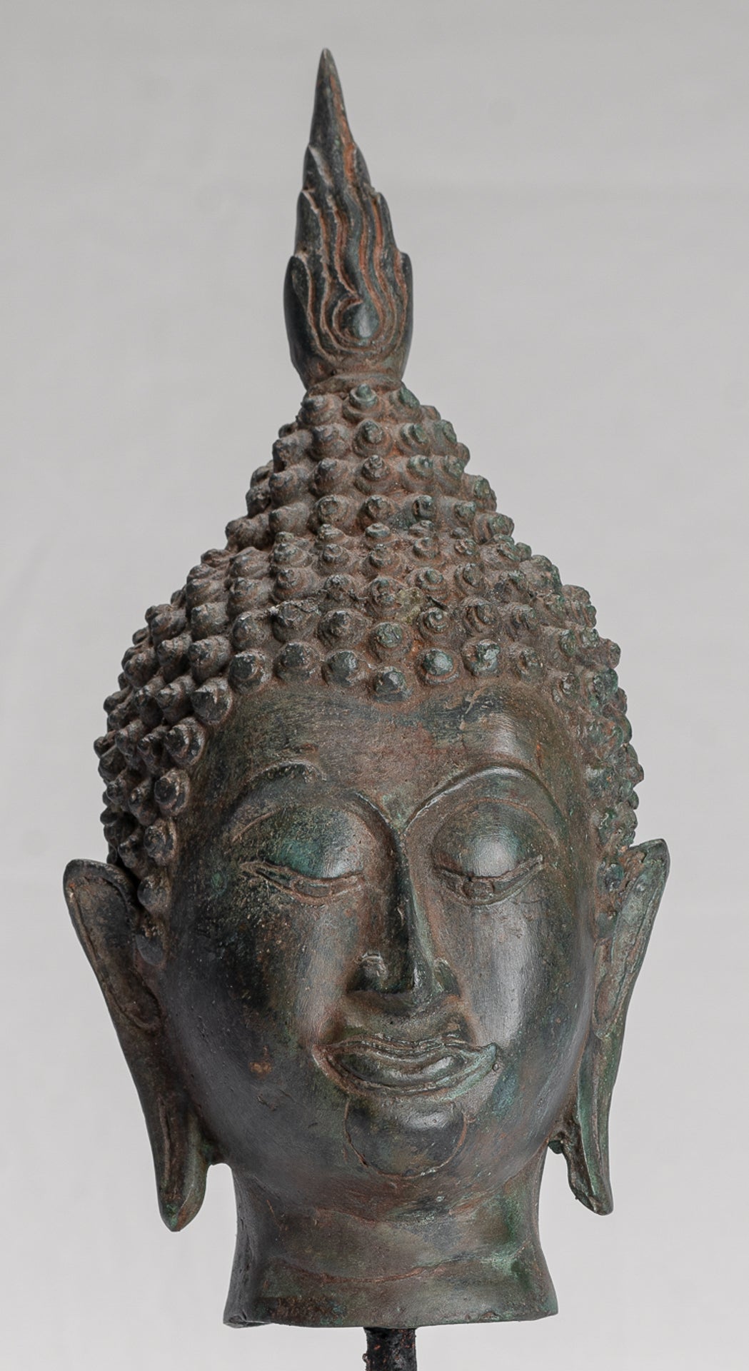 Buddha Head - Antique Thai Style Sukhothai Mounted Bronze Buddha Head - 29cm/12"