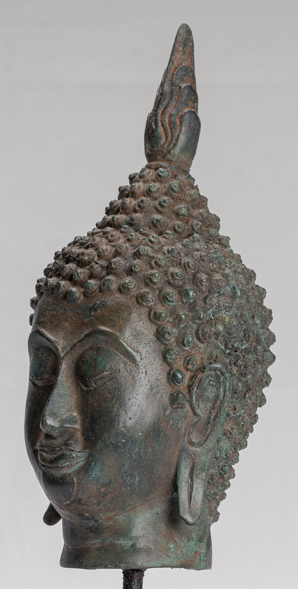 Buddha Head - Antique Thai Style Sukhothai Mounted Bronze Buddha Head - 29cm/12"