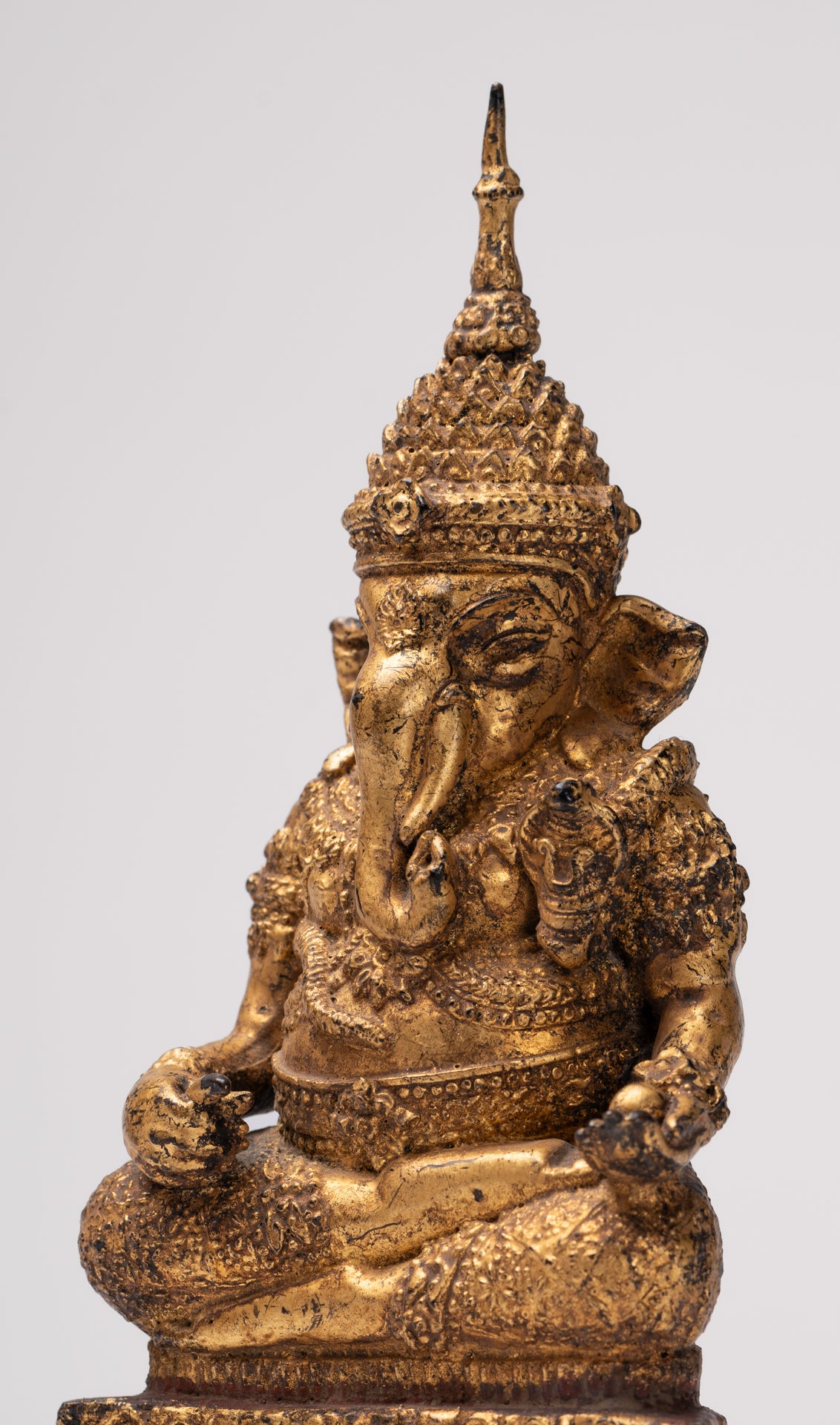 Ganesha Statue - Antique Thai Style Bronze Seated Rattanakosin Ganesha Statue - 19cm/8"