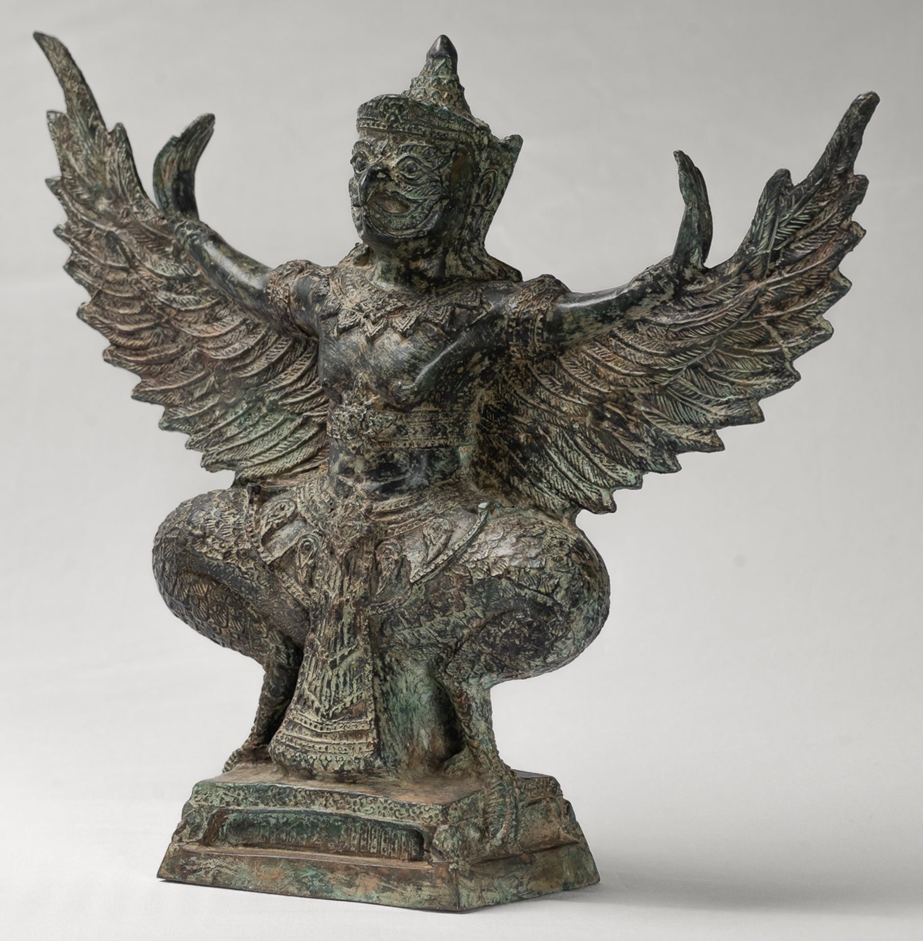Antique Thai Style Standing Bronze Vishnu Garuda Statue - 33cm/13"