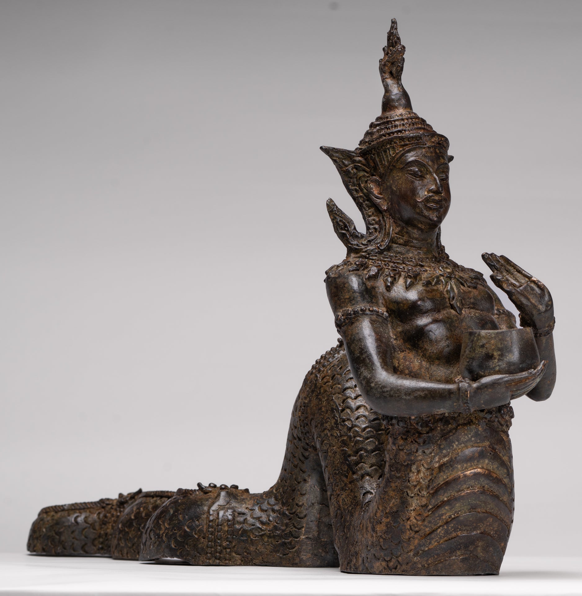 Antique Thai Style Bronze Naga Prince Statue - Guardian of Wisdom and Protection - 38cm/15"
