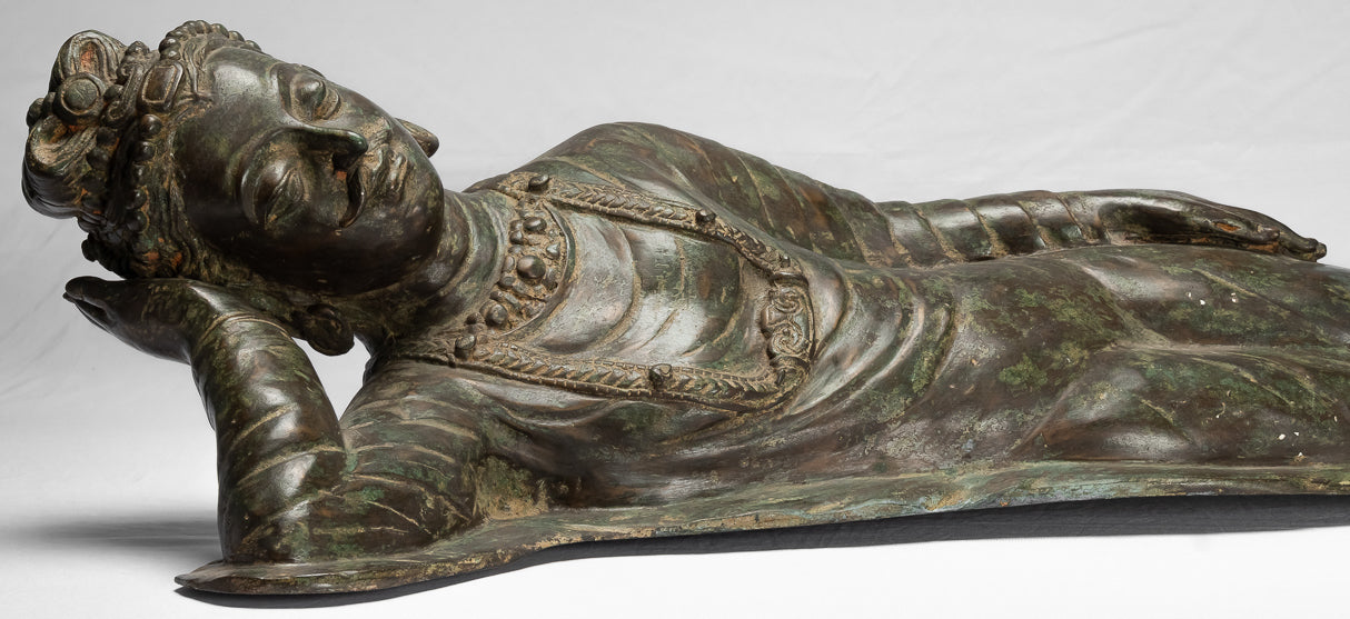 Antique Indian Style Gandhara Bronze Reclining Vishnu Statue - 95cm/38" Long