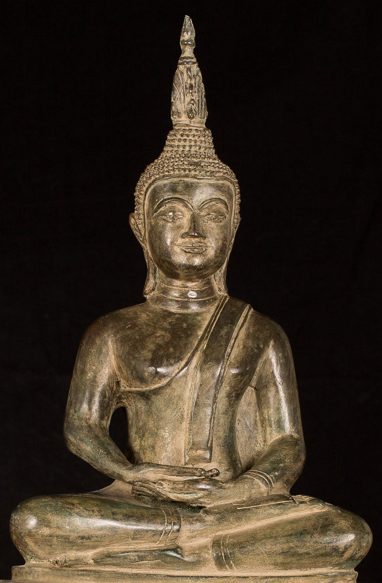 Estatua de Buda - Estatua de Buda de Meditación Sentada de Bronce Antique Laos - 56cm/22 "