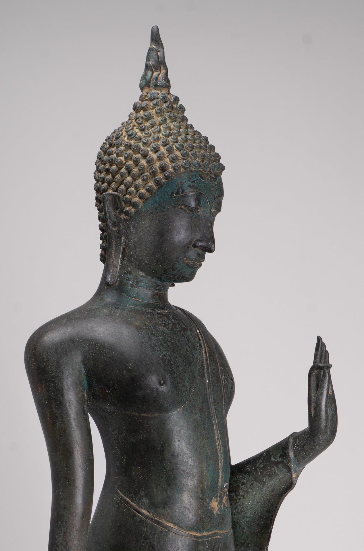 Antique Thai Style Sukhothai Bronze Protection Walking Buddha Statue - 117cm/47"