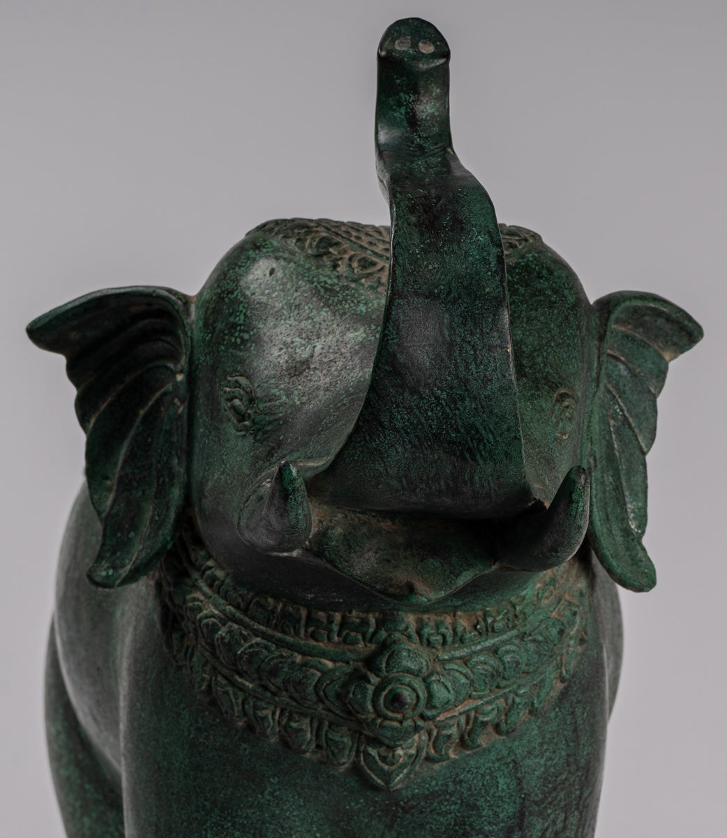 Antique Khmer Style Bronze Standing Trumpeting Elephant Statue - 38cm/15" Tall