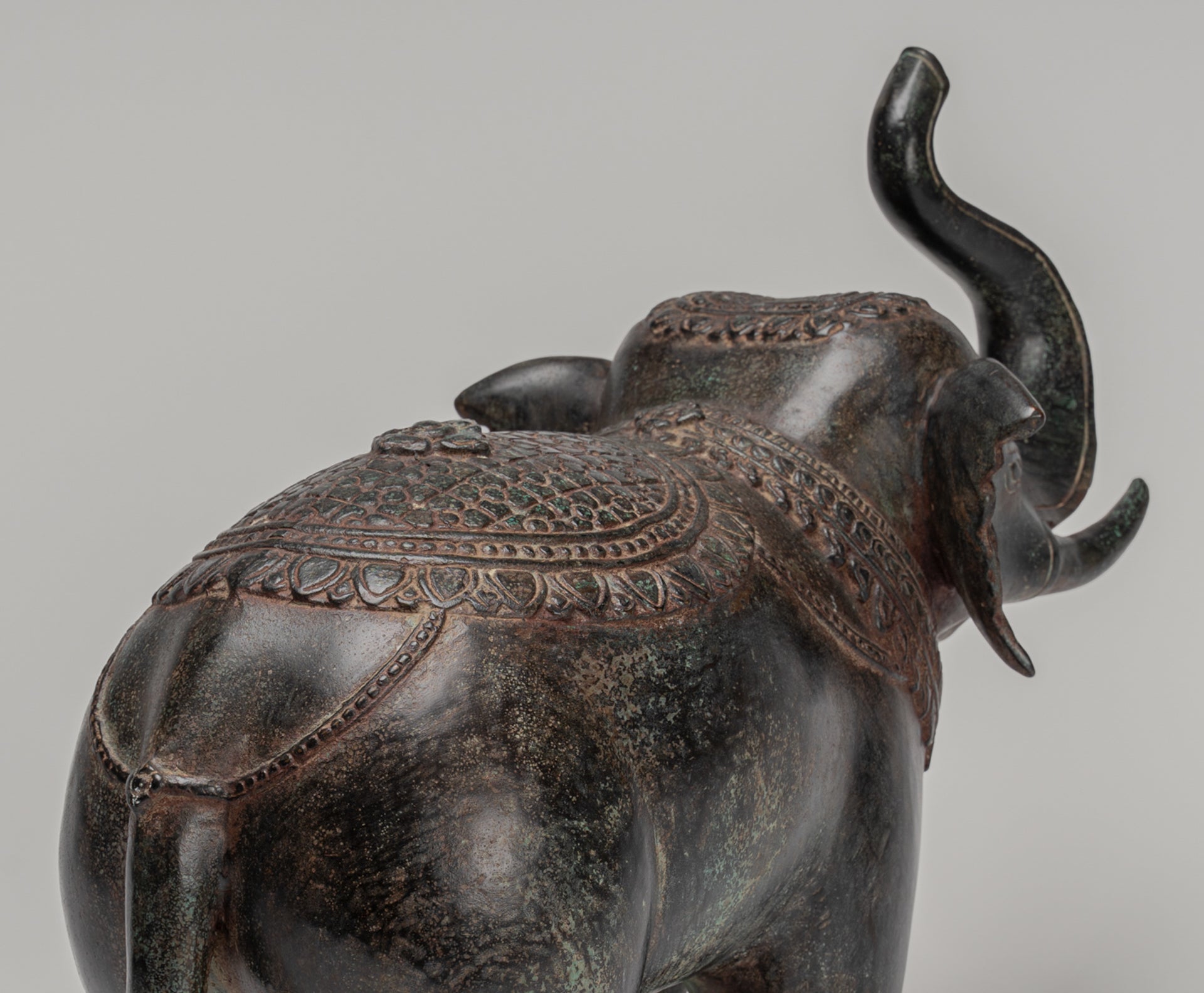 Elephant - Antique Khmer Style Bronze Standing Trumpeting Elephant Statue - 38cm/15" Tall