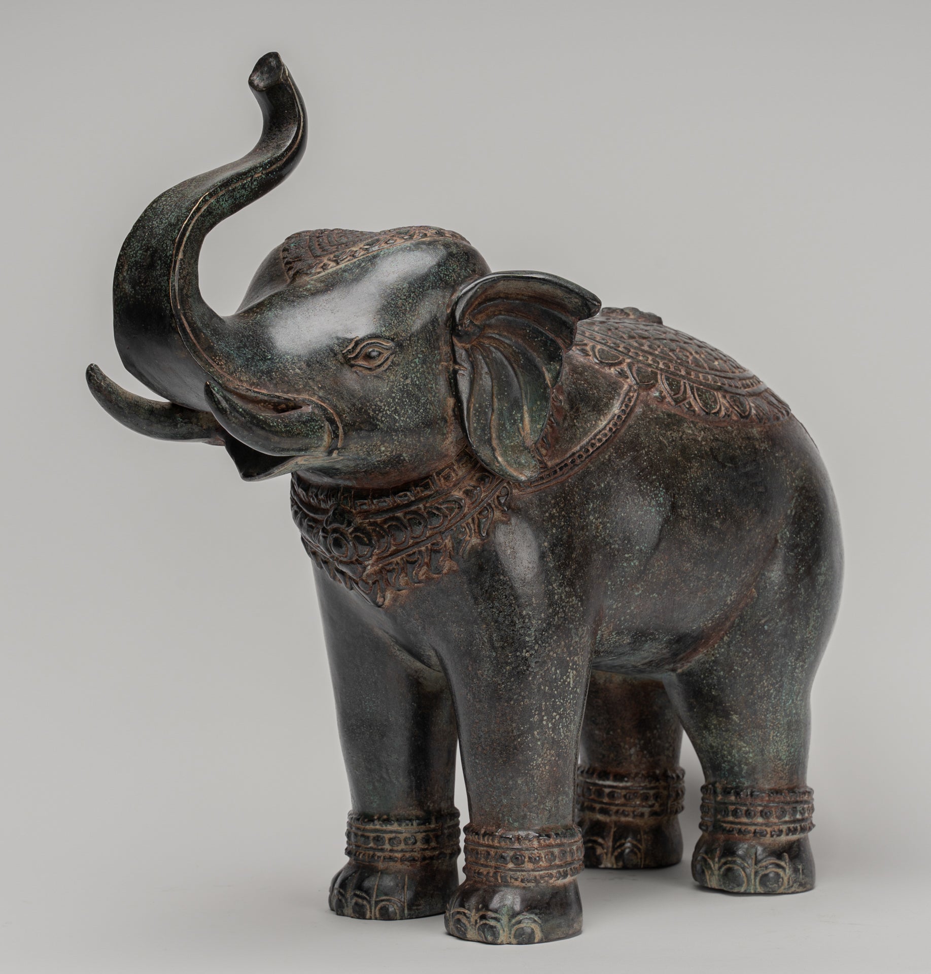 Elephant - Antique Khmer Style Bronze Standing Trumpeting Elephant Statue - 38cm/15" Tall