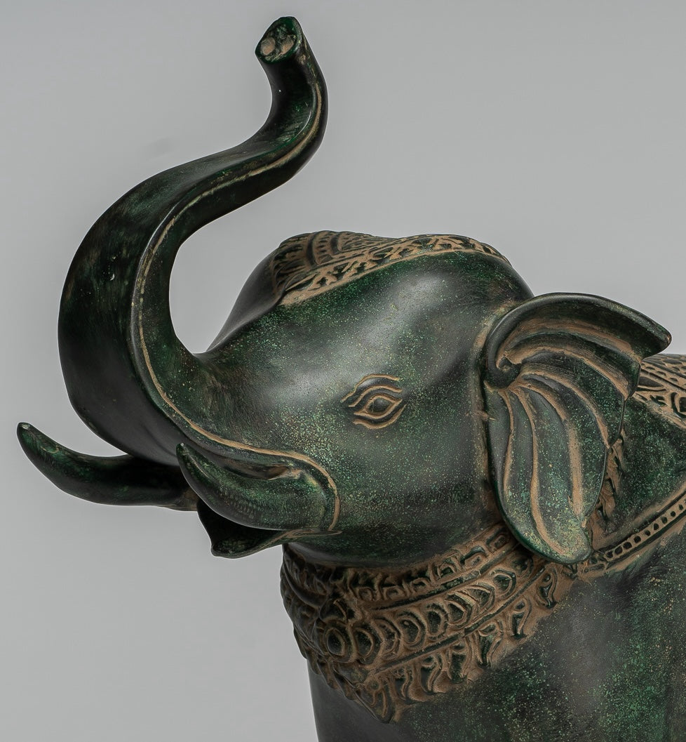 Antique Khmer Style Bronze Standing Trumpeting Elephant Statue - 38cm/15" Tall