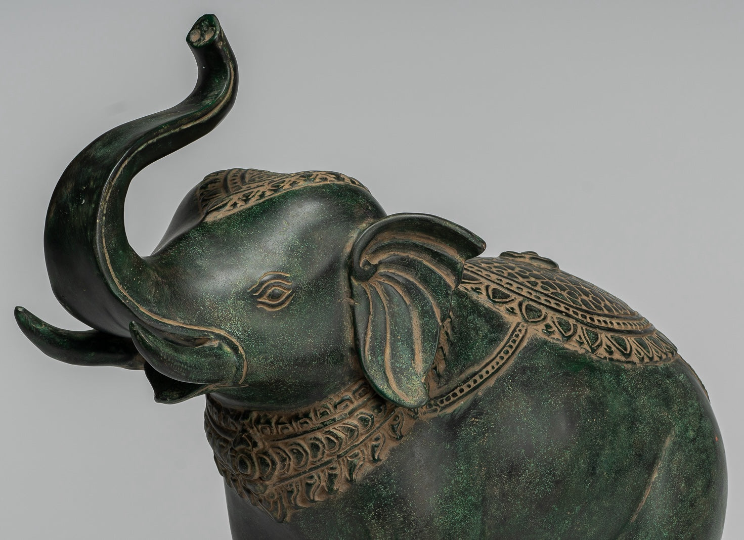 Antique Khmer Style Bronze Standing Trumpeting Elephant Statue - 38cm/15" Tall