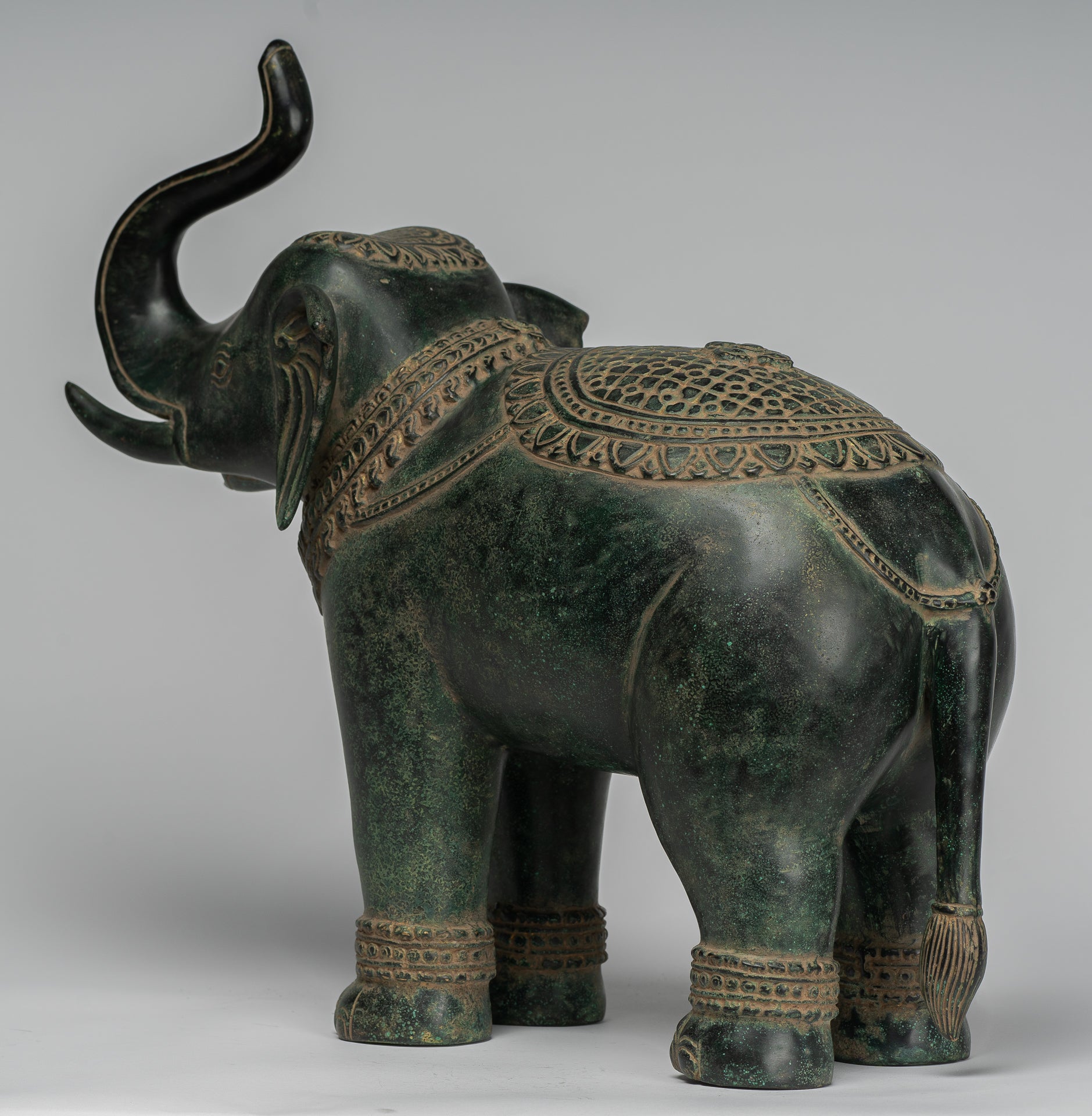 Antique Khmer Style Bronze Standing Trumpeting Elephant Statue - 38cm/15" Tall