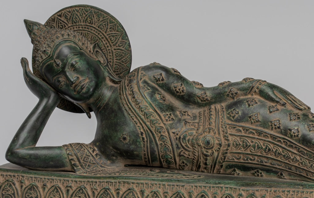 Antique Khmer Style Bronze Reclining Nirvana Buddha Statue - 65cm/26" Long