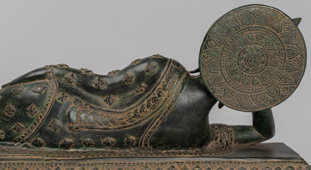 Antique Khmer Style Bronze Reclining Nirvana Buddha Statue - 65cm/26" Long