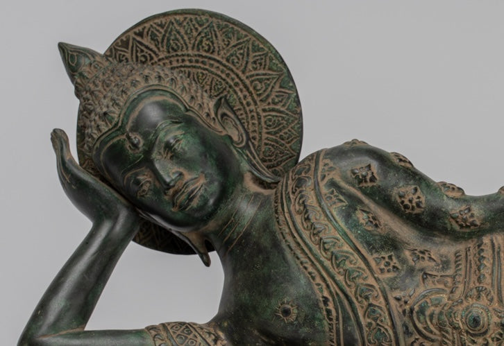 Antique Khmer Style Bronze Reclining Nirvana Buddha Statue - 65cm/26" Long