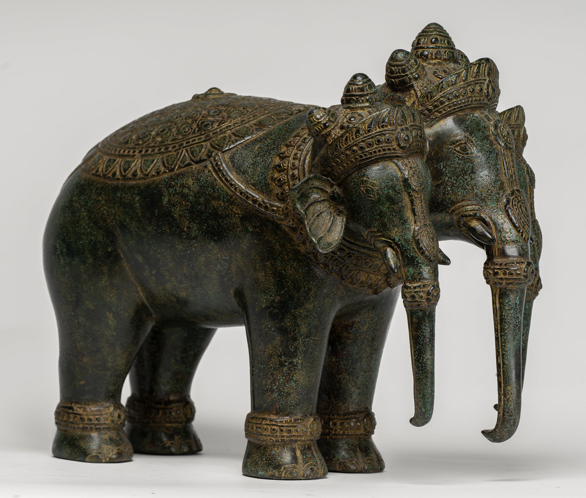 Antique Khmer Style Bronze Erawan Airavata or Elephant Statue - 31cm/12" Tall