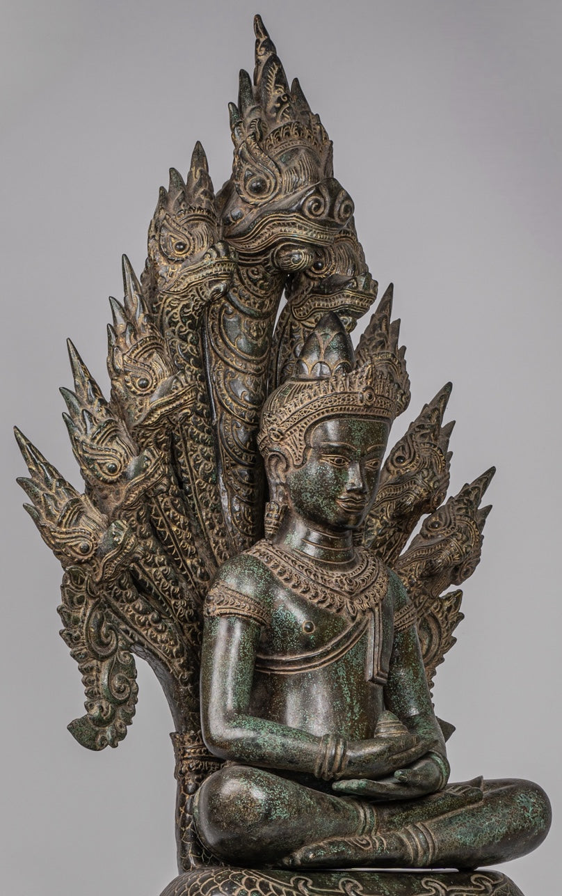 Buddha Statue - Antique Bayon Style Khmer Seated Bronze Naga Meditation Buddha - 114cm/46"