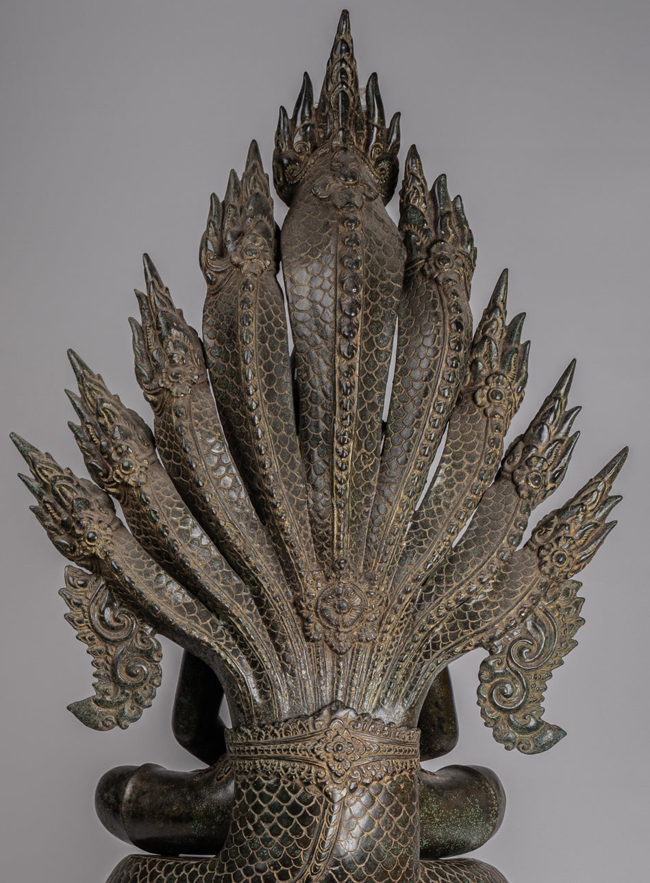 Buddha Statue - Antique Bayon Style Khmer Seated Bronze Naga Meditation Buddha - 114cm/46"