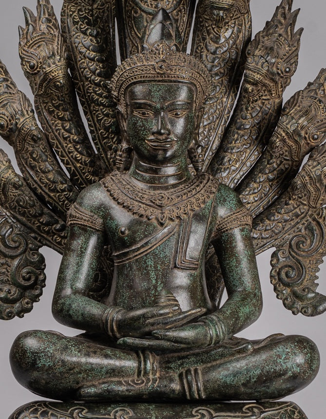 Buddha Statue - Antique Bayon Style Khmer Seated Bronze Naga Meditation Buddha - 114cm/46"