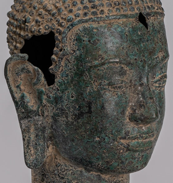 Statua Buddha - Antique Khmer in stile Bronzo Fiore Buddha Head - 36 cm/14 "