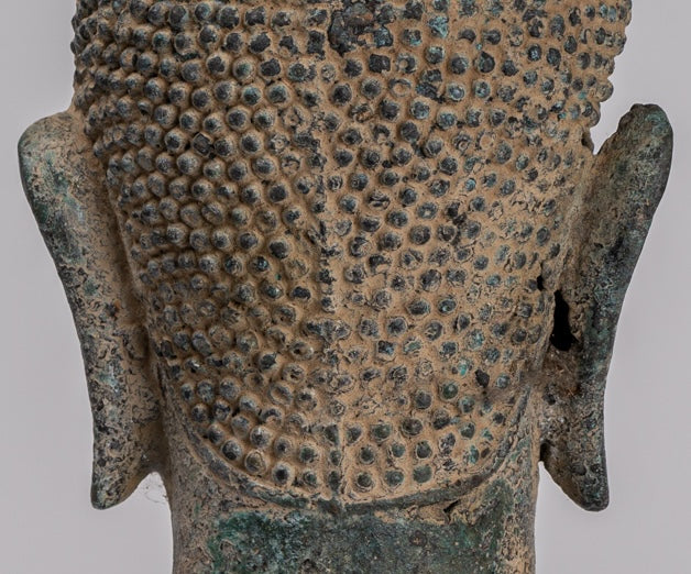 Statua Buddha - Antique Khmer in stile Bronzo Fiore Buddha Head - 36 cm/14 "