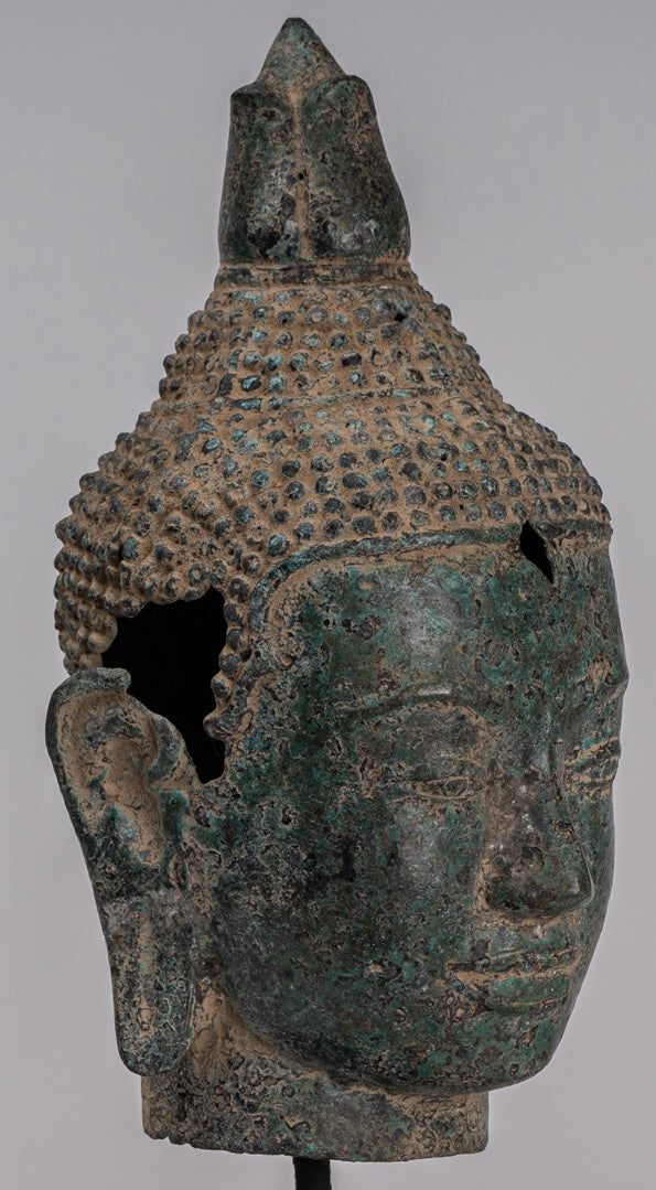 Statua Buddha - Antique Khmer in stile Bronzo Fiore Buddha Head - 36 cm/14 "