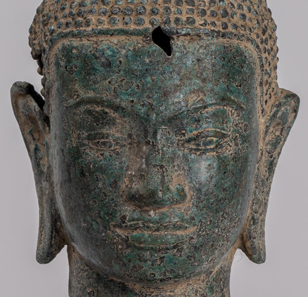 Statua Buddha - Antique Khmer in stile Bronzo Fiore Buddha Head - 36 cm/14 "