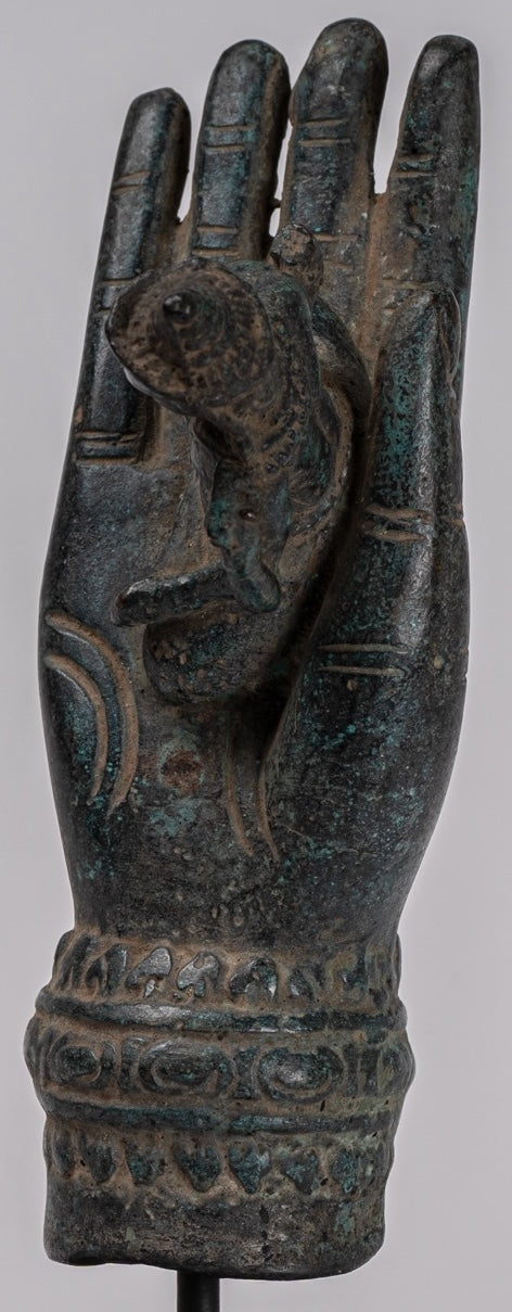 Mounted Antique Khmer Style Bronze Hand & Brahma - 21cm/8"