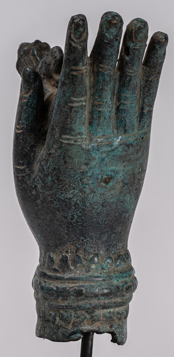 Mounted Antique Khmer Style Bronze Hand & Brahma - 21cm/8"