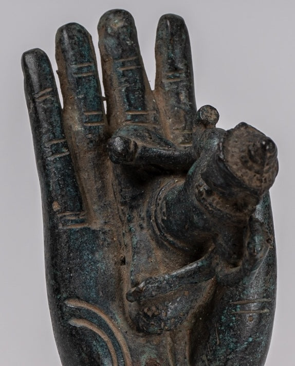 Mounted Antique Khmer Style Bronze Hand & Brahma - 21cm/8"