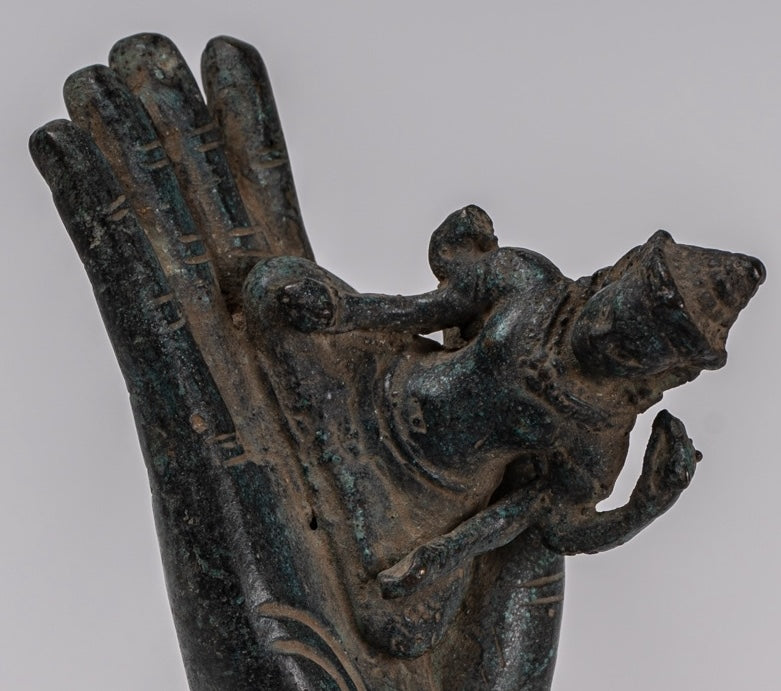Mounted Antique Khmer Style Bronze Hand & Brahma - 21cm/8"