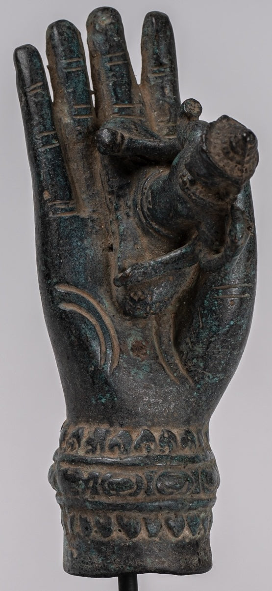 Mounted Antique Khmer Style Bronze Hand & Brahma - 21cm/8"