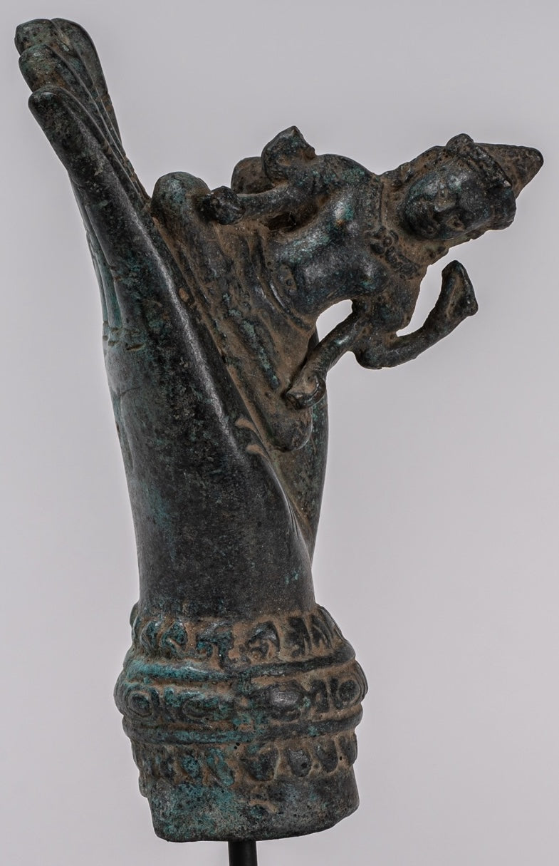 Mounted Antique Khmer Style Bronze Hand & Brahma - 21cm/8"