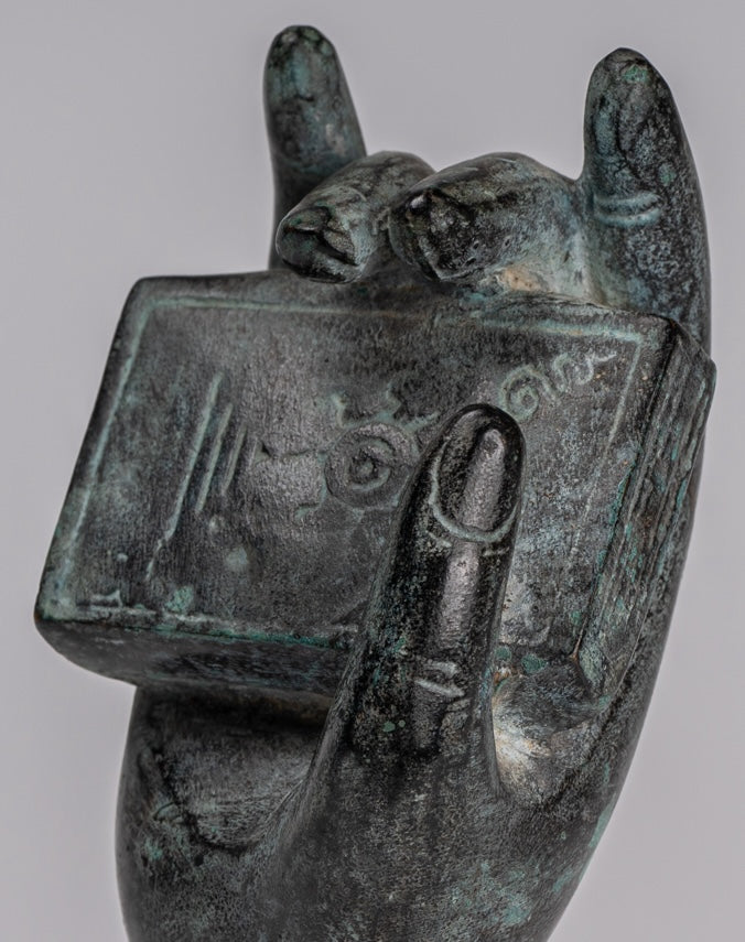 Mounted Antique Khmer Style Southeast Asia Bronze Hand & Sutra - 17cm/7"