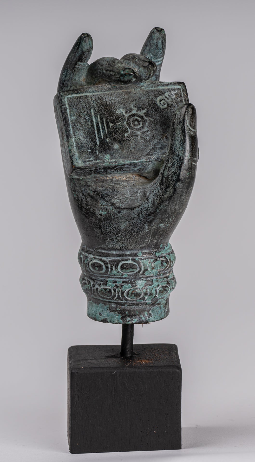 Mounted Antique Khmer Style Southeast Asia Bronze Hand & Sutra - 17cm/7"