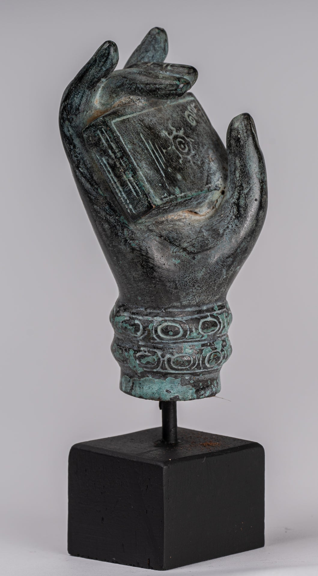 Mounted Antique Khmer Style Southeast Asia Bronze Hand & Sutra - 17cm/7"