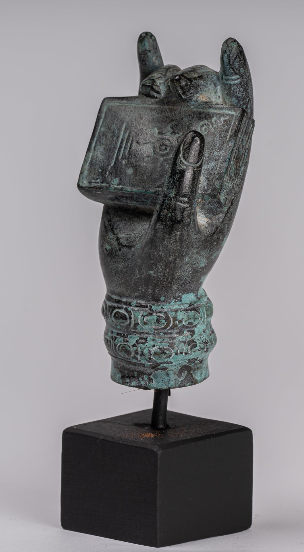 Mounted Antique Khmer Style Southeast Asia Bronze Hand & Sutra - 17cm/7"