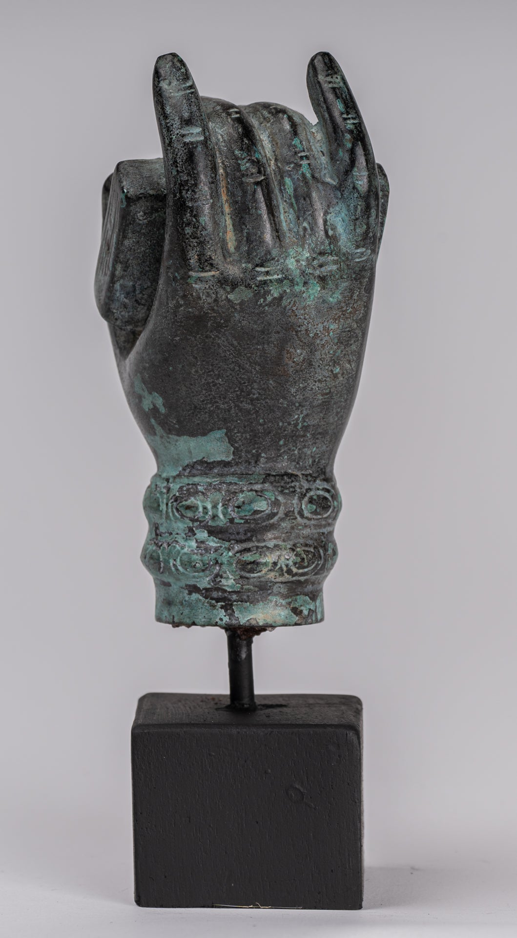 Mounted Antique Khmer Style Southeast Asia Bronze Hand & Sutra - 17cm/7"