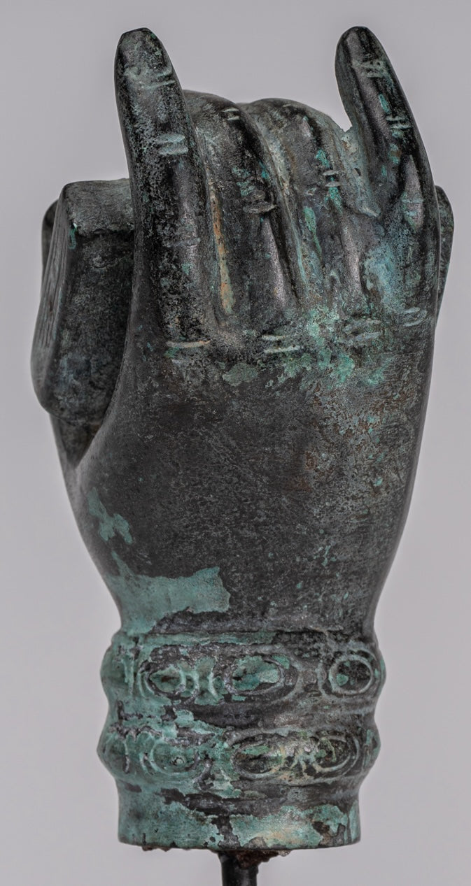 Mounted Antique Khmer Style Southeast Asia Bronze Hand & Sutra - 17cm/7"