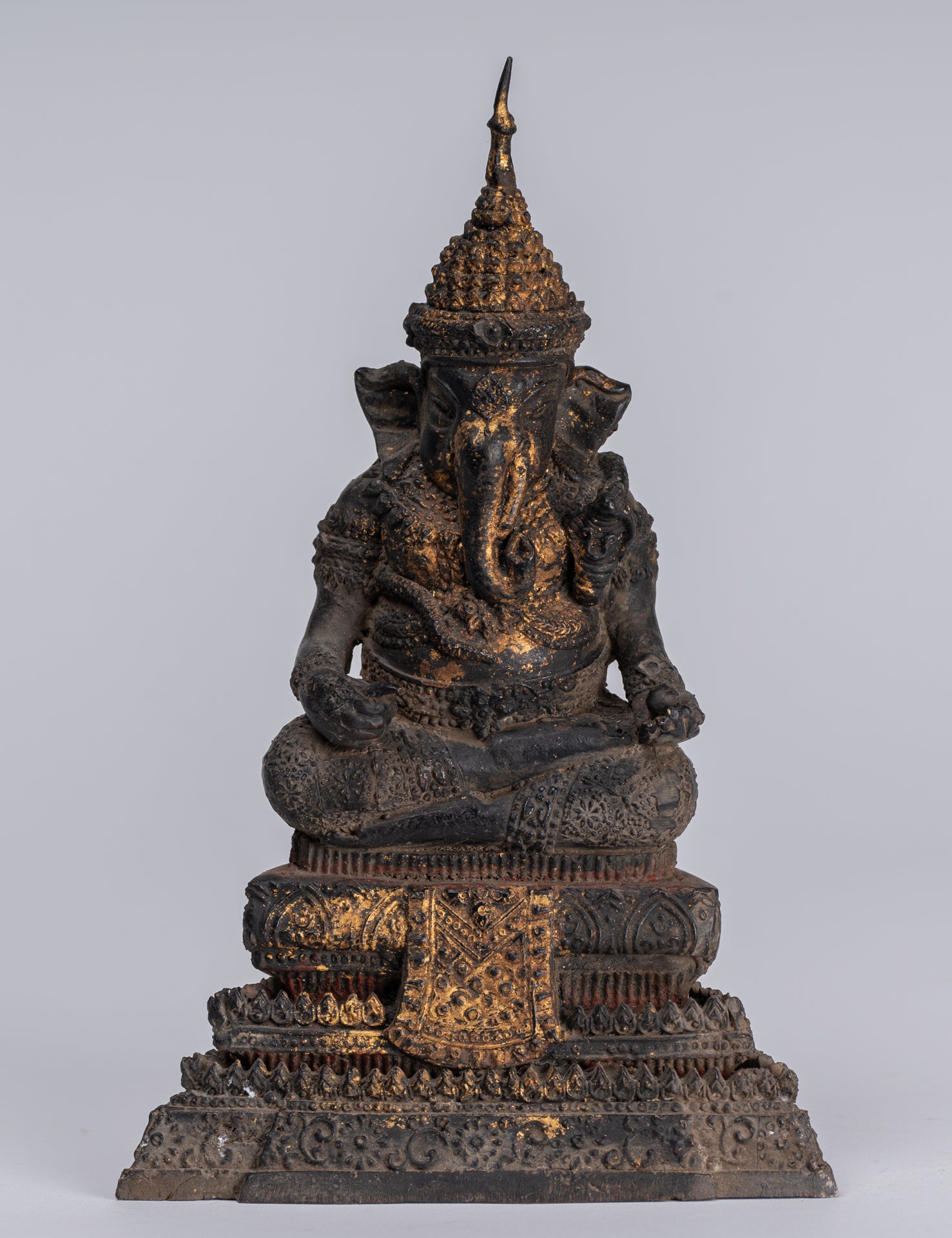 Ganesha Statue - Antique Thai Style Bronze Seated Rattanakosin Ganesha Statue - 19cm/8"