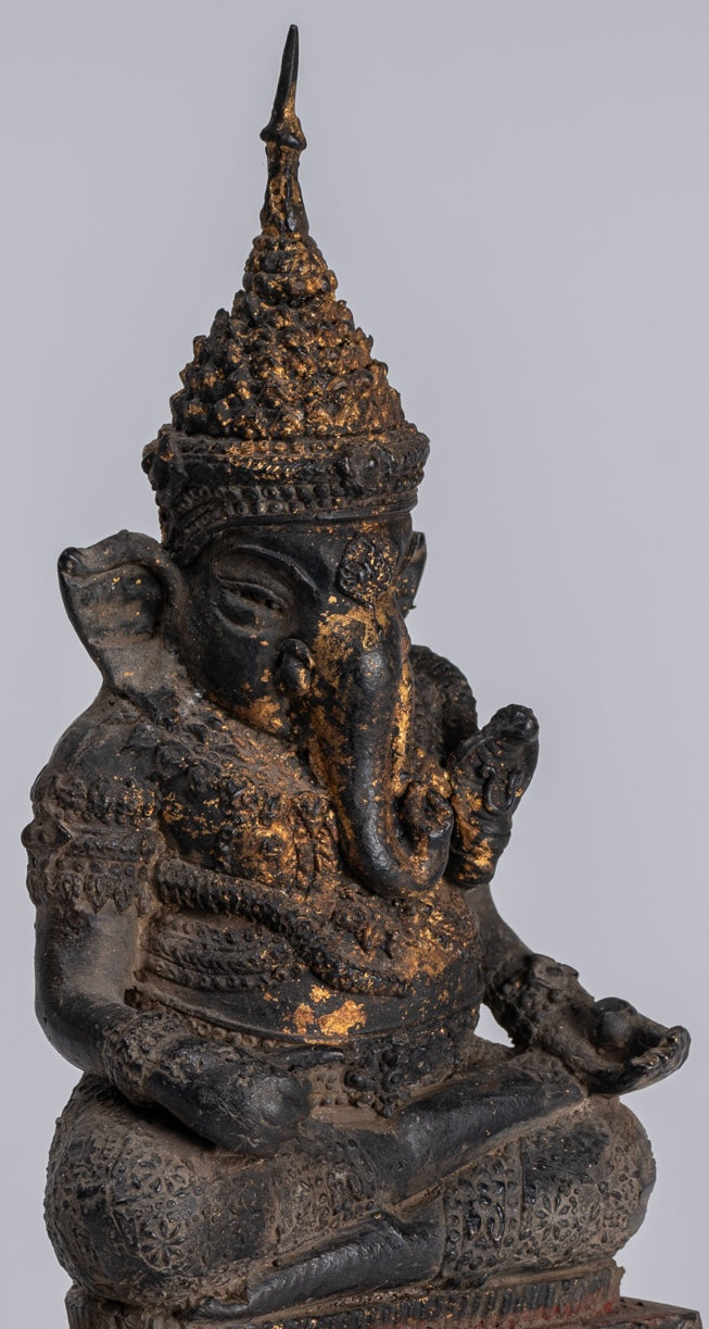 Ganesha Statue - Antique Thai Style Bronze Seated Rattanakosin Ganesha Statue - 19cm/8"