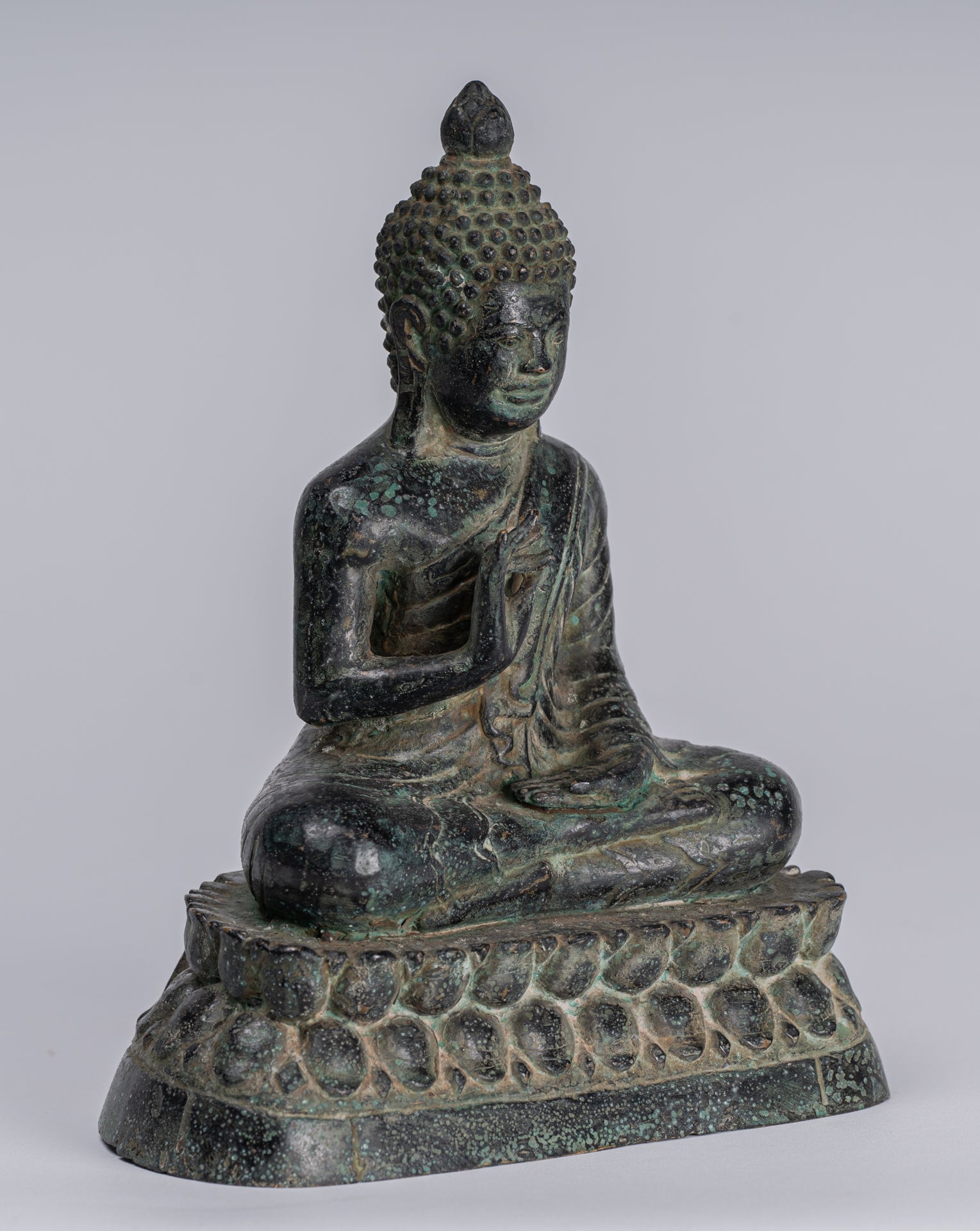 Buddha - Antique Khmer Style Bronze Enthroned Teaching Buddha Statue - 19cm/6"