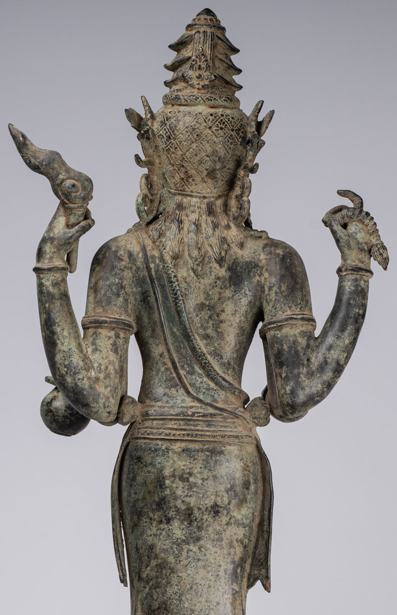 Shiva Statue - Antique Indonesian Style Bronze Javanese Standing 4-Arm Shiva Statue - 82cm/33"