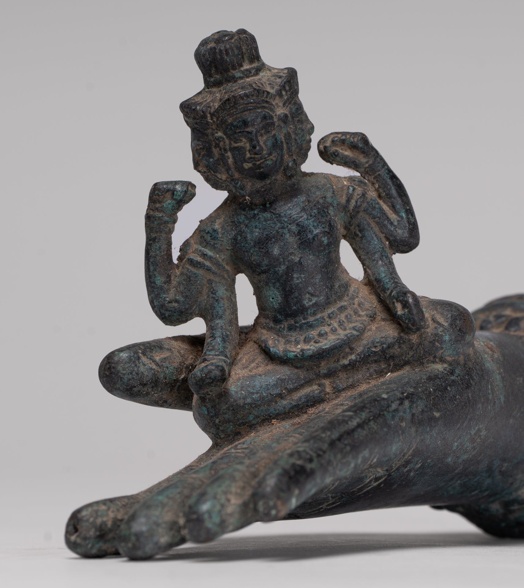 Freestanding Antique Khmer Style Bronze Koh Ker Hand & Brahma - 14cm/6"