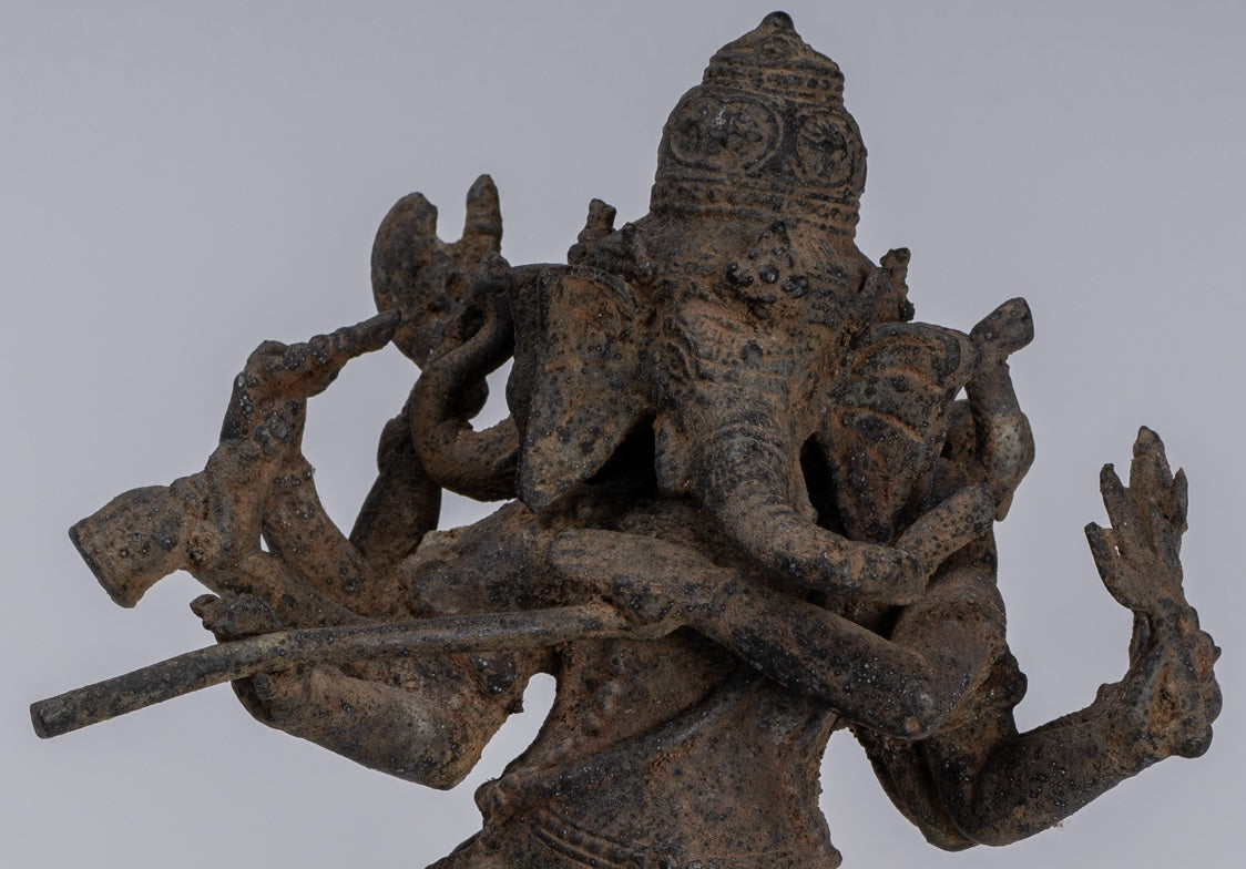 Ganesha Statue - Antique Javanese Style Bronze Dancing Indonesian Ganesha Statue Playing Flute - 29cm/12"